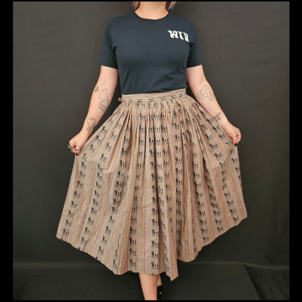 50s Brown Novelty Dog Print Pleated Skirt
